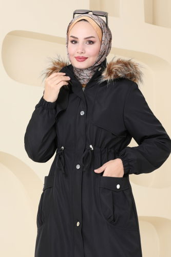 moda selvim Coat 4632MDH809 Black - Thumbnail