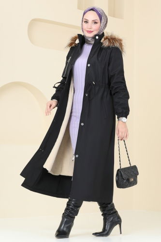 moda selvim Coat 4633MDH809 Black - Thumbnail