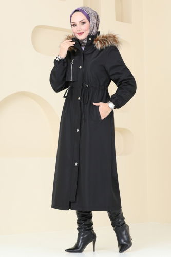 moda selvim Coat 4633MDH809 Black - Thumbnail