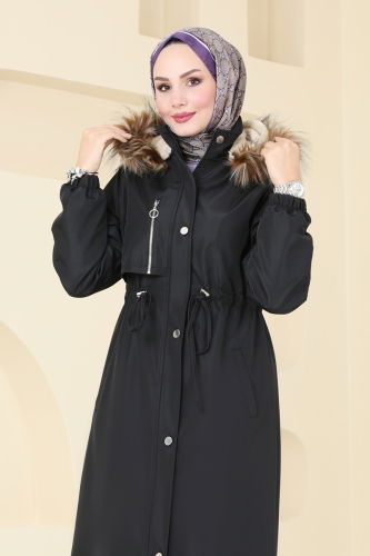 moda selvim Coat 4633MDH809 Black - Thumbnail