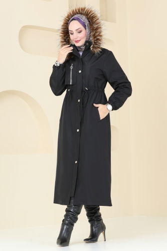 moda selvim Coat 4633MDH809 Black - Thumbnail