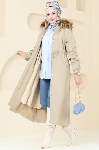 moda selvim Coat 4633MDH809 Stone - Thumbnail