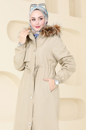 moda selvim Coat 4633MDH809 Stone - Thumbnail