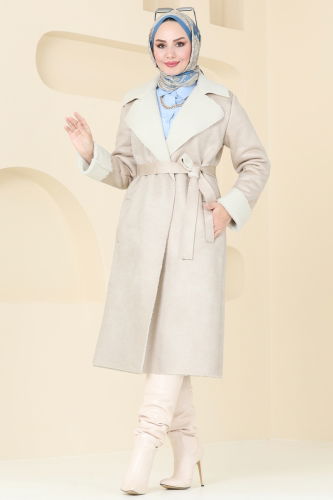 moda selvim Coat 5959BSK463 Stone - Thumbnail