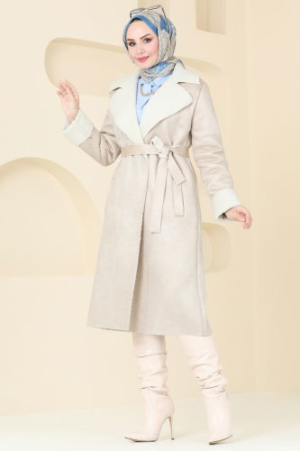 moda selvim Coat 5959BSK463 Stone - Thumbnail