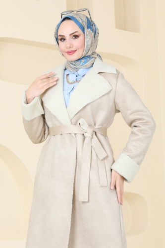 moda selvim Coat 5959BSK463 Stone - Thumbnail