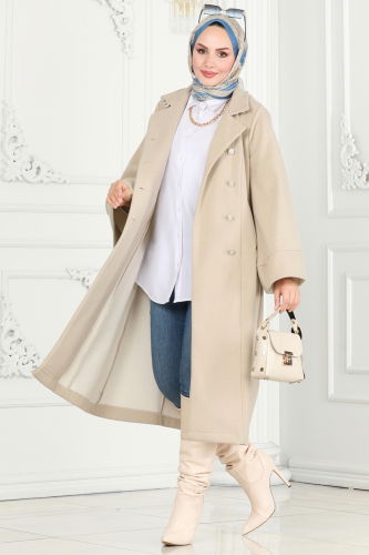 moda selvim Coat 6111BSK463 Stone - Thumbnail