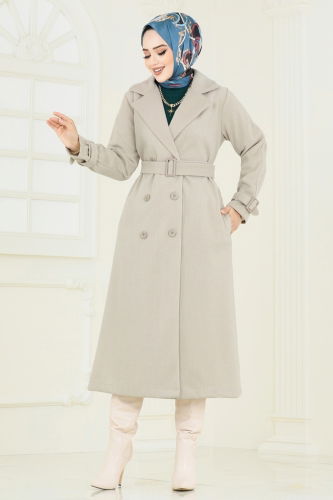 moda selvim Coat 6125BSK463 Stone - Thumbnail