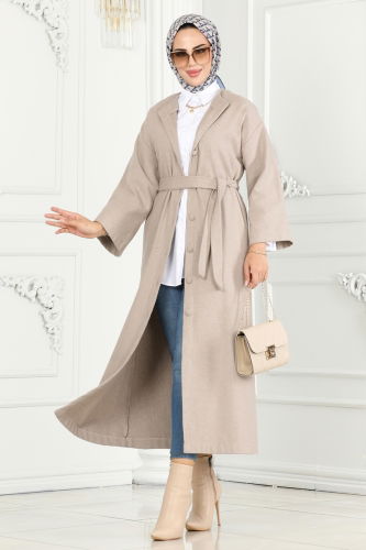 moda selvim Coat 6130BSK463 Stone - Thumbnail