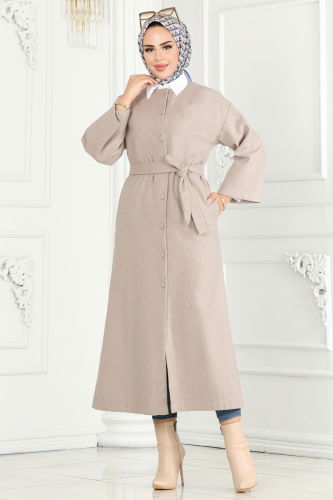 moda selvim Coat 6130BSK463 Stone - Thumbnail