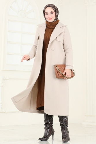 moda selvim Coat 6144BSK463 Stone - Thumbnail