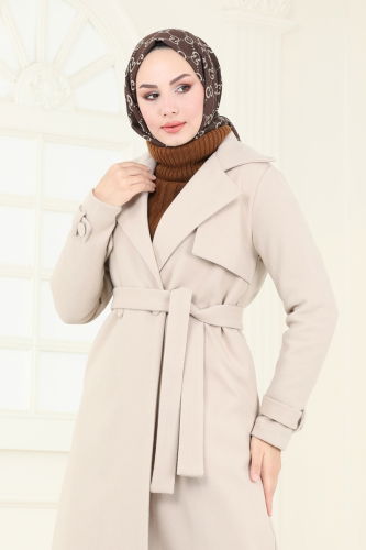 moda selvim Coat 6144BSK463 Stone - Thumbnail