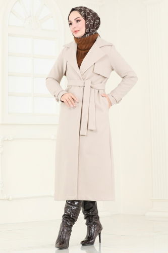 moda selvim Coat 6144BSK463 Stone - Thumbnail