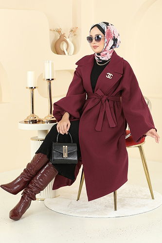 moda selvim Coat 6163BSK463 Burgundy - Thumbnail