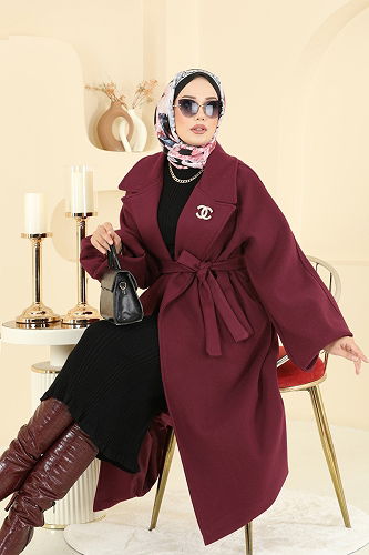 moda selvim Coat 6163BSK463 Burgundy - Thumbnail