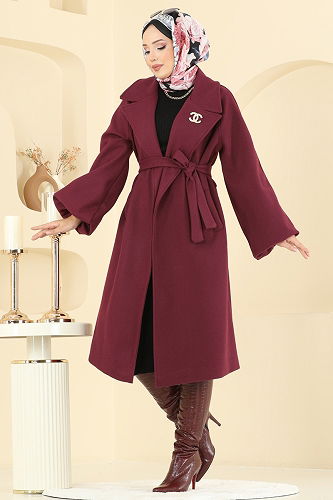 moda selvim Coat 6163BSK463 Burgundy - Thumbnail