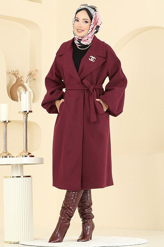 moda selvim Coat 6163BSK463 Burgundy - Thumbnail