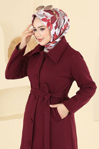 moda selvim Coat 6236BSK463 Burgundy - Thumbnail