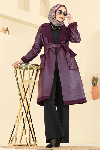 moda selvim Coat 6239BSK463 Burgundy - Thumbnail