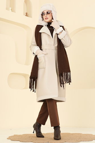 moda selvim Coat 6239BSK463 Stone - Thumbnail