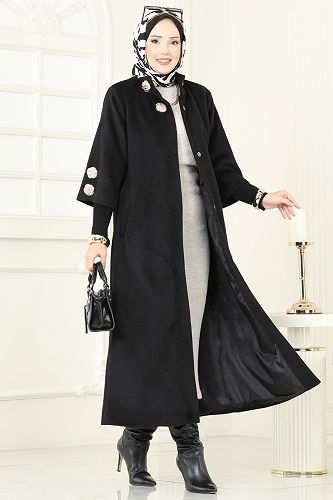 moda selvim Coat 6254BSK463 Black - Thumbnail