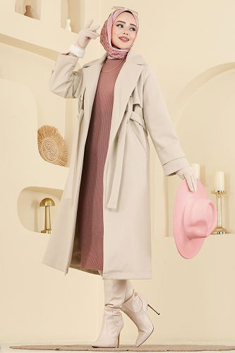 moda selvim Coat 6264BSK463 Stone - Thumbnail