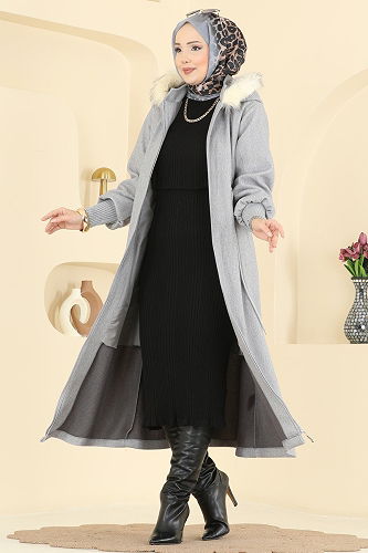moda selvim معطف رمادي 6265BSK463 - Thumbnail