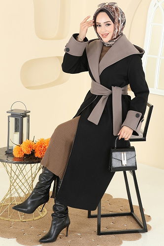 moda selvim Coat 6662YG95 Black - Thumbnail