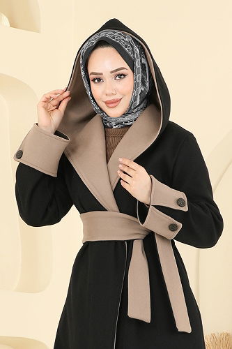 moda selvim معطف بيج وأسود 6662YG95 - Thumbnail
