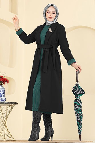 moda selvim Coat 6663YG95 Black - Thumbnail