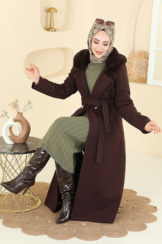 moda selvim معطف بني غامق 6664YG95 - Thumbnail