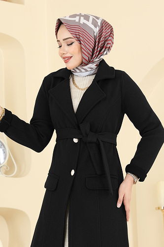 moda selvim معطف أسود 6666YG95 - Thumbnail