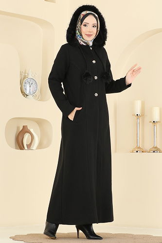 moda selvim معطف أسود 6667YG95 - Thumbnail