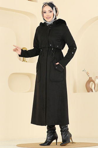 moda selvim Coat 6670YG95 Black - Thumbnail