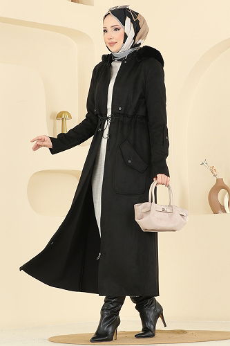moda selvim Coat 6670YG95 Black - Thumbnail