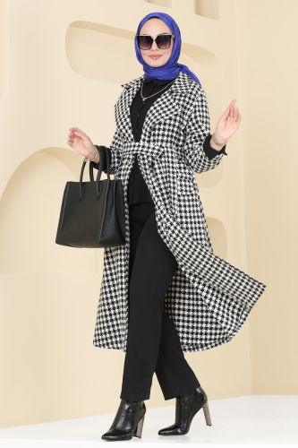 moda selvim Coat 6889S324 Pattern1 Black & Ecru - Thumbnail