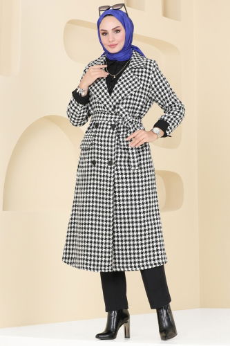 moda selvim Coat 6889S324 Pattern1 Black & Ecru - Thumbnail