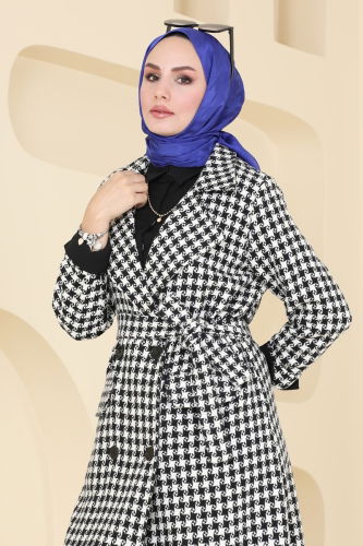 moda selvim Coat 6889S324 Pattern1 Black & Ecru - Thumbnail