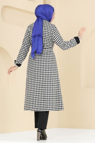 moda selvim Coat 6889S324 Pattern1 Black & Ecru - Thumbnail