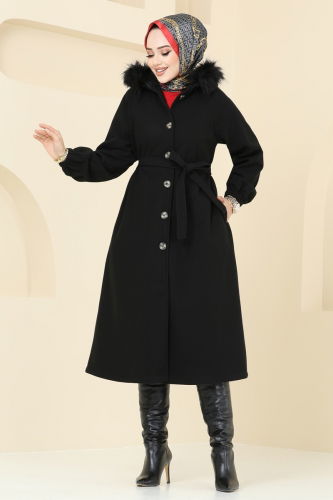 moda selvim Coat 7016TRT545 Black - Thumbnail