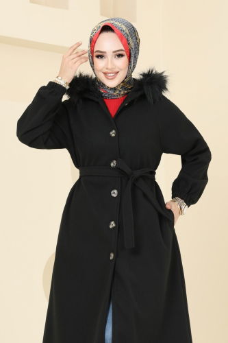 moda selvim Coat 7016TRT545 Black - Thumbnail