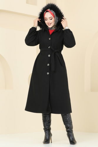 moda selvim Coat 7016TRT545 Black - Thumbnail