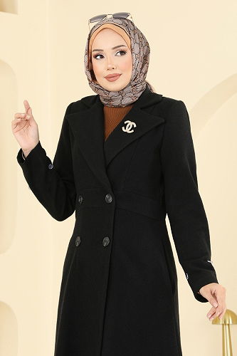 moda selvim Coat 8130AB368 Black - Thumbnail