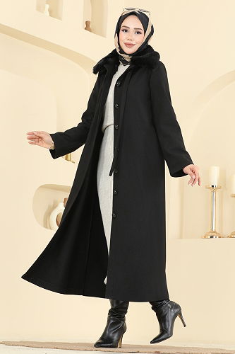 moda selvim Coat 8184AB368 Black - Thumbnail