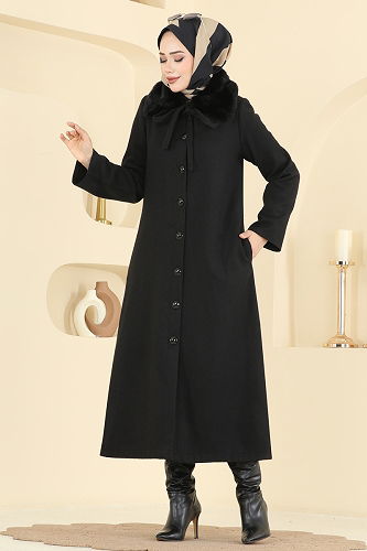 moda selvim Coat 8184AB368 Black - Thumbnail