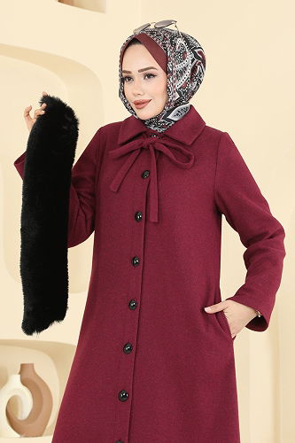 moda selvim Coat 8184AB368 Burgundy - Thumbnail