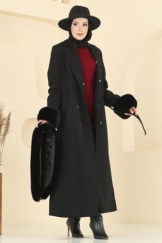 moda selvim Coat 8194FMZ1159 Black - Thumbnail