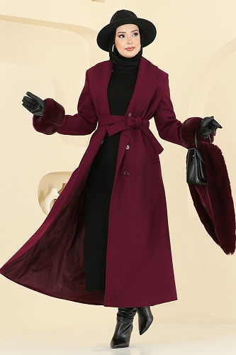 moda selvim Coat 8194FMZ1159 Burgundy - Thumbnail