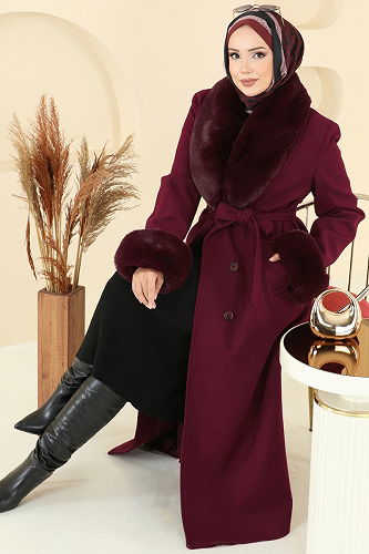 moda selvim Coat 8194FMZ1159 Burgundy - Thumbnail