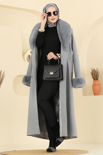 moda selvim معطف رمادي 8194FMZ1159 - Thumbnail